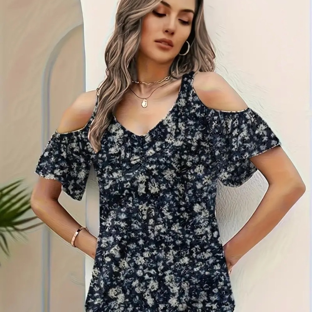 Floral Cold Shoulder Top Blue Large